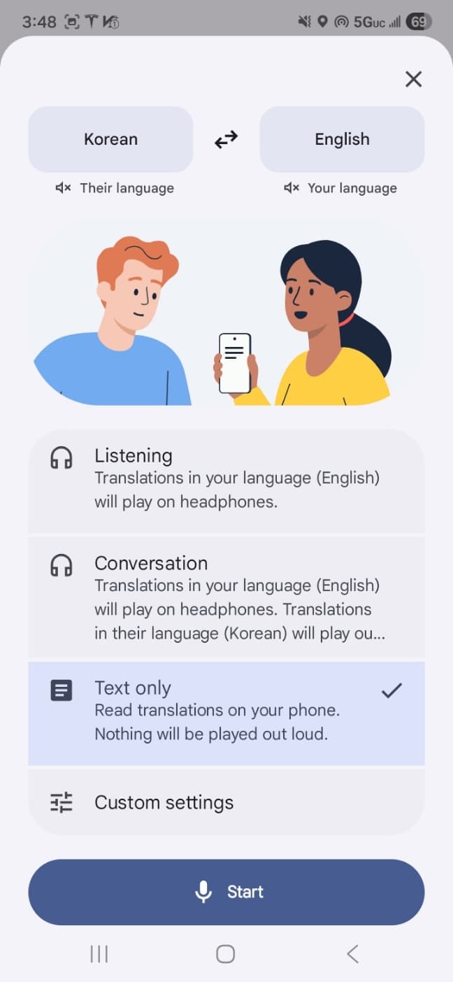 Live translate mode selection